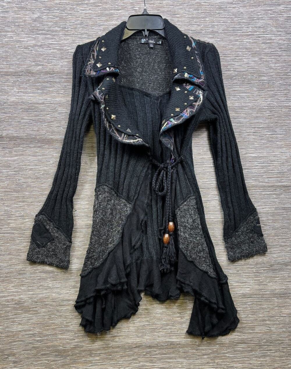 Sioni Cardigan Sweater Womens L Black Studded Mohair Open Front Ruffle Hem Knit